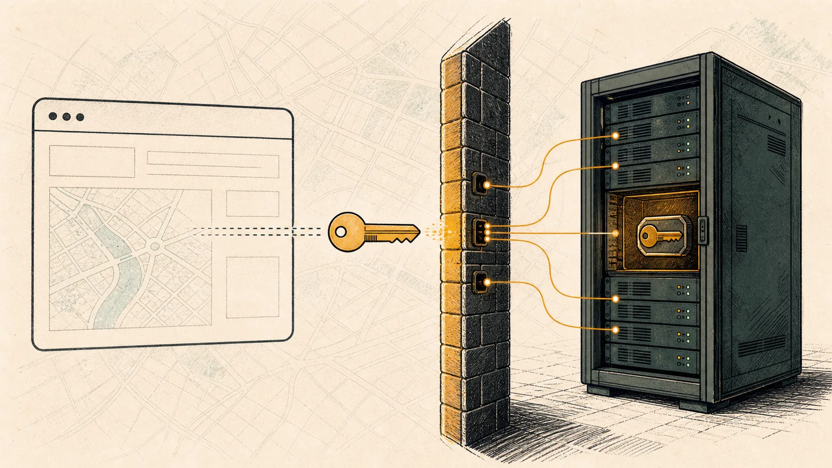 A browser outline separated from a secure server cabinet by a firewall boundary and routed API key.