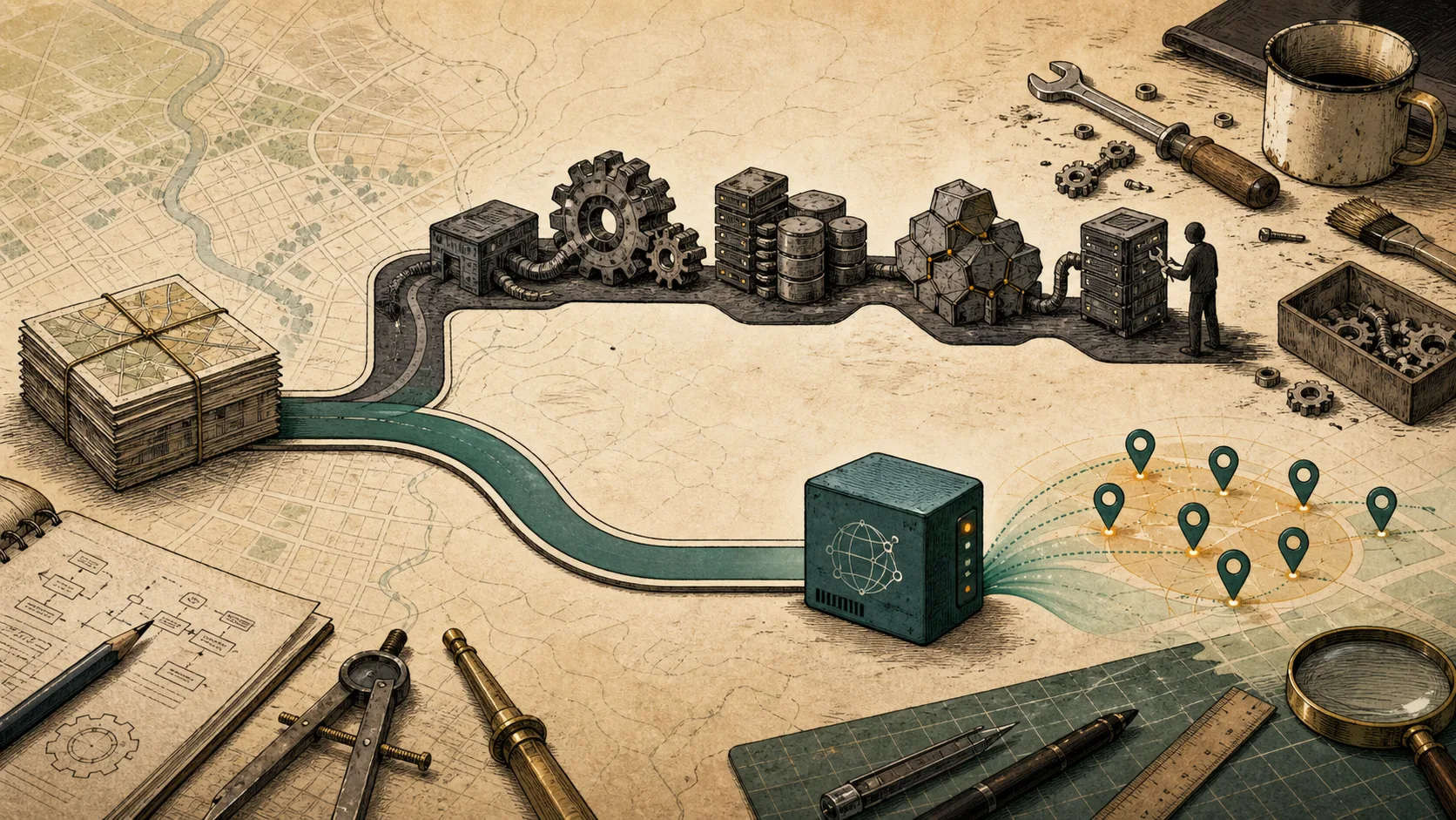 A forked pipeline comparing a complex self-hosted search stack with a compact hosted nearby-search API.