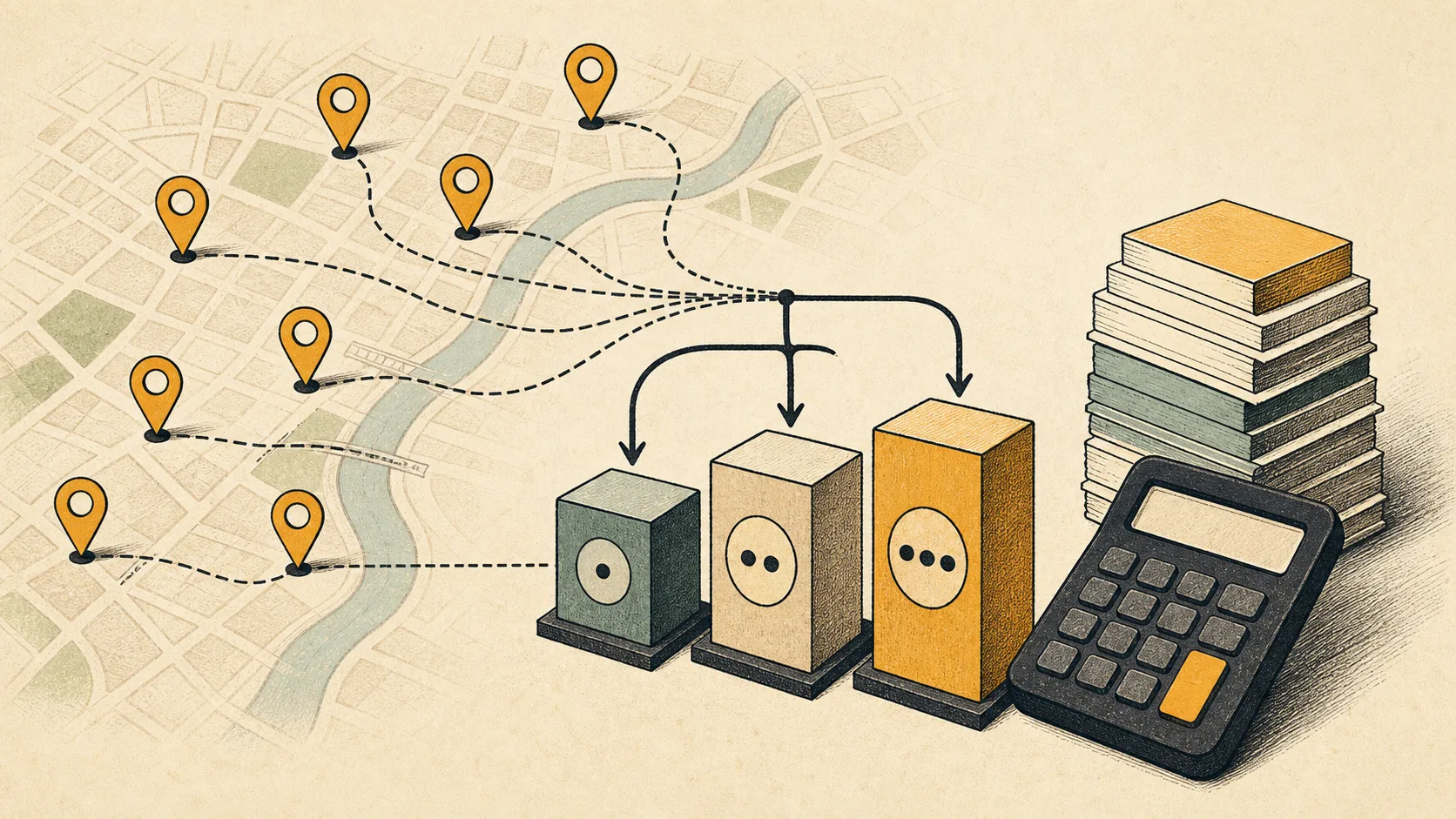 Map pins feeding into abstract usage tiers beside a calculator on a paper city grid.