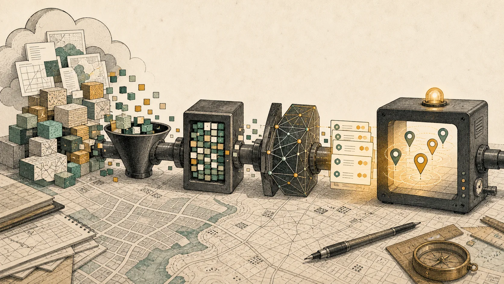 Open map-data blocks flowing through an indexing pipeline into nearby place result cards.