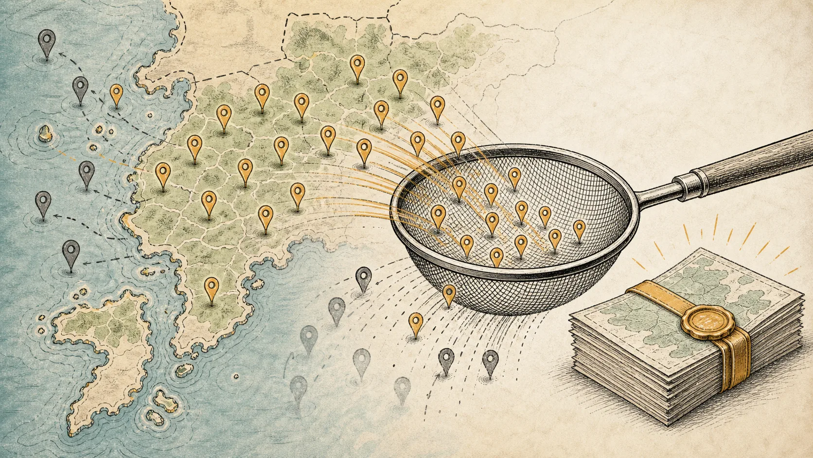 A paper coastline map where misplaced ocean place pins are filtered out through a data-cleanup sieve.